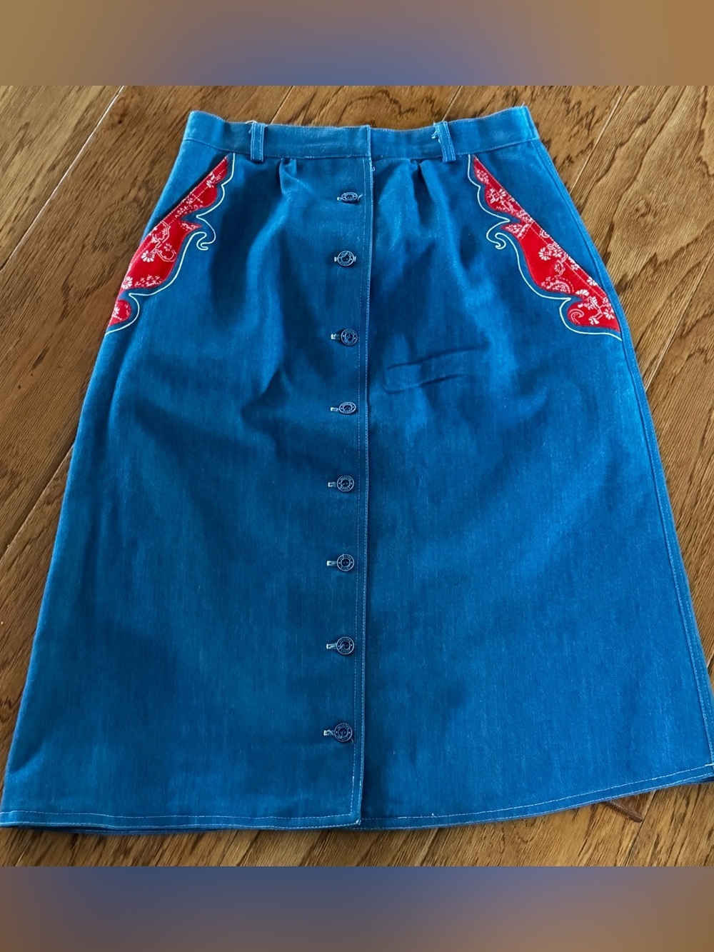 Vintage Denim Bandana Midi Skirt Women’s 8 Button Front Western Jeanne Durrell